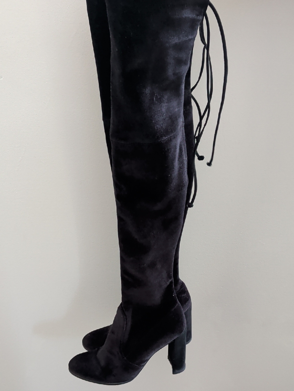 Stuart Weitzman Tieland Black Over-the-Knee Velvet Block Heel Boots